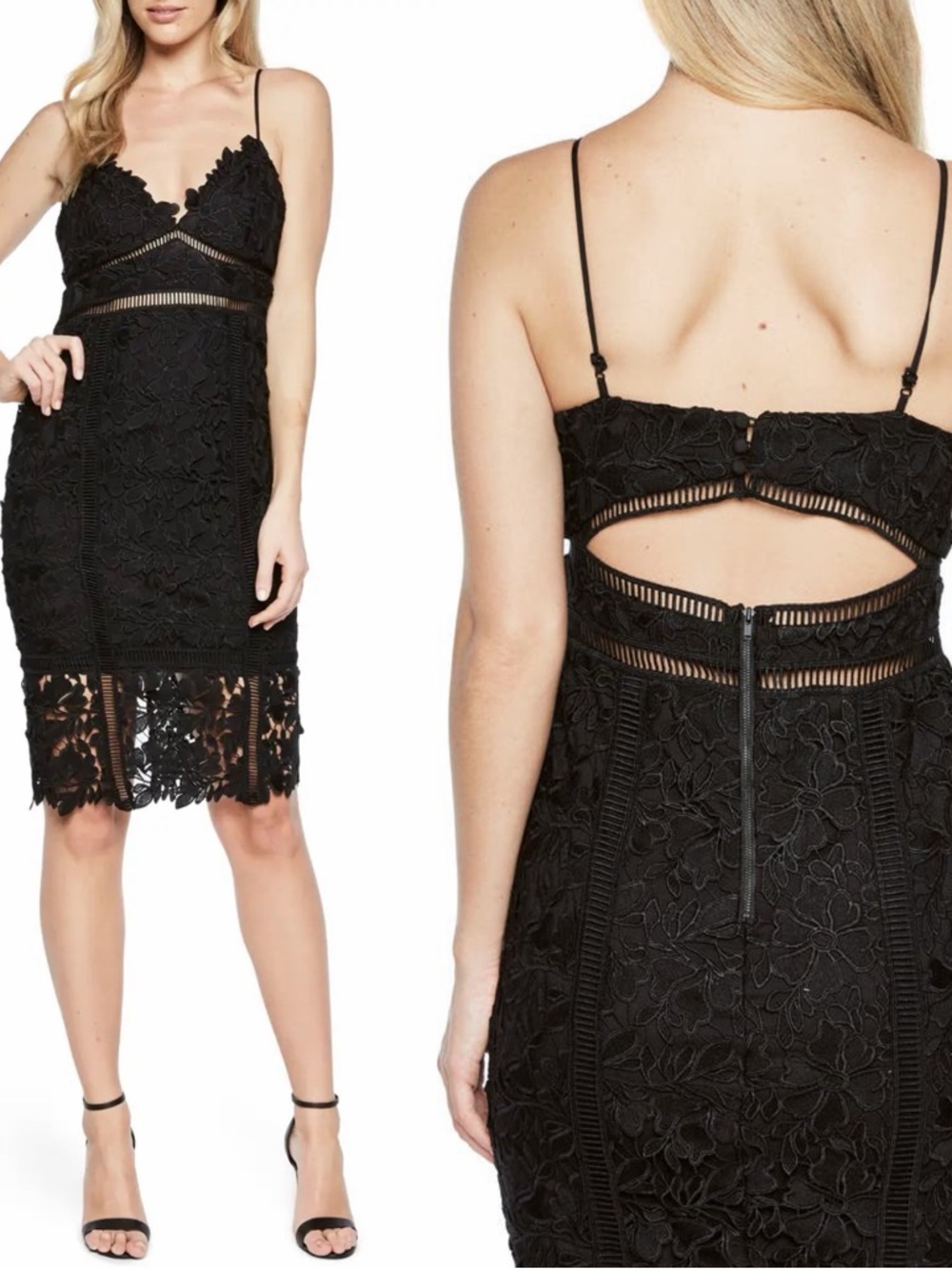 Bardot Botanica Lace Dress Black Size 8 Fitted Midi Button Detail Strappy